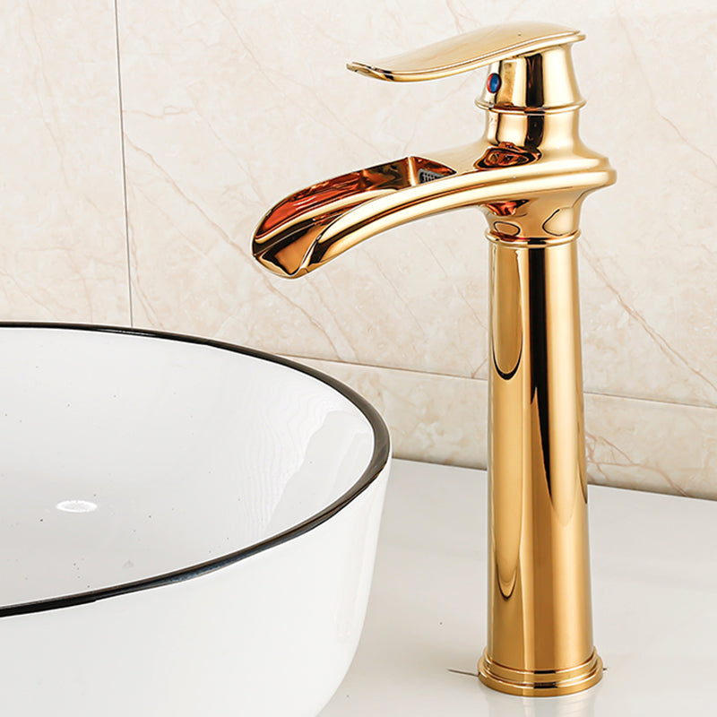 Vessel Faucet Waterfall Spout Traditional Circular Lever Handle Vanity Sink Faucet Gold 11.8" Clearhalo 'Bathroom Remodel & Bathroom Fixtures' 'Bathroom Sink Faucets' 'Bathroom Sinks & Faucet Components' 'bathroom_sink_faucets' 'Home Improvement' 'home_improvement' 'home_improvement_bathroom_sink_faucets' 7373379