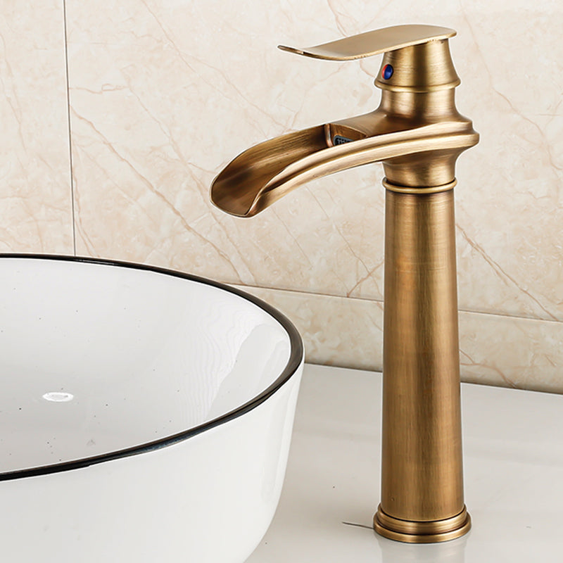 Vessel Faucet Waterfall Spout Traditional Circular Lever Handle Vanity Sink Faucet Brass 11.8" Clearhalo 'Bathroom Remodel & Bathroom Fixtures' 'Bathroom Sink Faucets' 'Bathroom Sinks & Faucet Components' 'bathroom_sink_faucets' 'Home Improvement' 'home_improvement' 'home_improvement_bathroom_sink_faucets' 7373381
