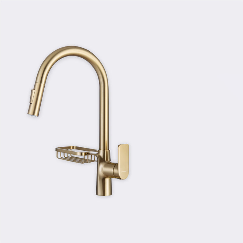 Swivel Spout Kitchen Sink Faucet High Arc with Pull Down Sprayer Gold Pull Out Faucet Clearhalo 'Home Improvement' 'home_improvement' 'home_improvement_kitchen_faucets' 'Kitchen Faucets' 'Kitchen Remodel & Kitchen Fixtures' 'Kitchen Sinks & Faucet Components' 'kitchen_faucets' 7373393