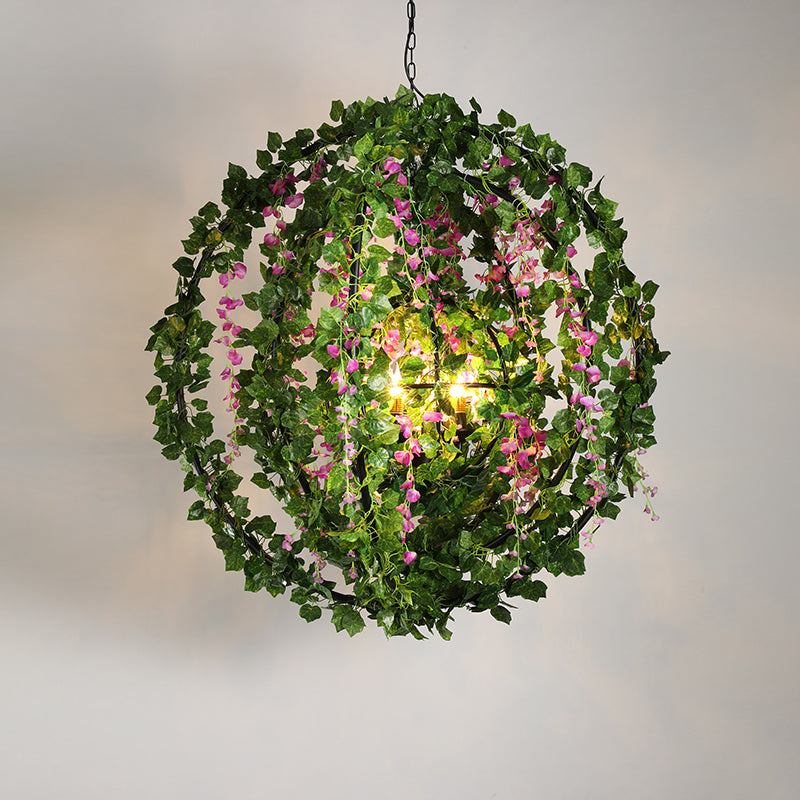 Antique Spherical Cage Chandelier 4 Heads Iron Pendant Lighting Fixture in Black with Plant Decor in Black Clearhalo 'Cast Iron' 'Ceiling Lights' 'Chandeliers' 'Industrial Chandeliers' 'Industrial' 'Metal' 'Middle Century Chandeliers' 'Rustic Chandeliers' 'Tiffany' Lighting' 737343