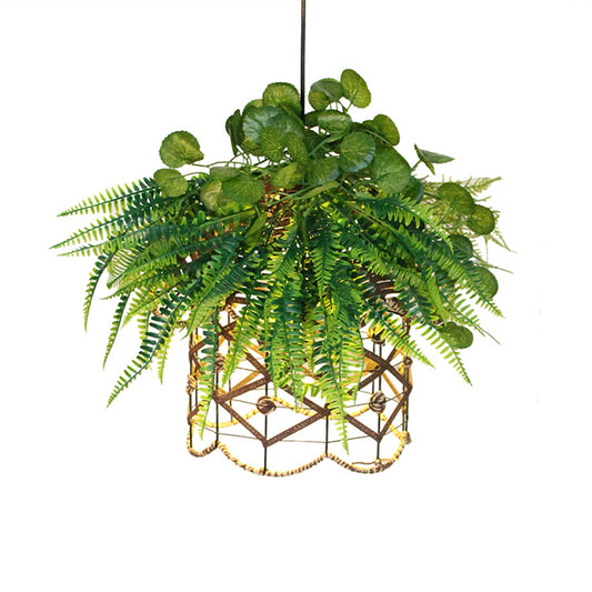Retro Scalloped Cage Down Lighting 1 Light Iron Ceiling Suspension Lamp in Green with Plant Decoration Clearhalo 'Art Deco Pendants' 'Cast Iron' 'Ceiling Lights' 'Ceramic' 'Crystal' 'Industrial Pendants' 'Industrial' 'Metal' 'Middle Century Pendants' 'Pendant Lights' 'Pendants' 'Tiffany' Lighting' 737354