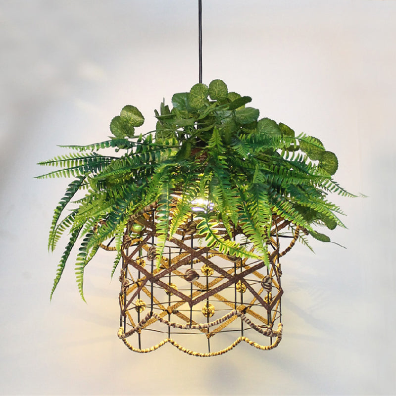 Retro Scalloped Cage Down Lighting 1 Light Iron Ceiling Suspension Lamp in Green with Plant Decoration Clearhalo 'Art Deco Pendants' 'Cast Iron' 'Ceiling Lights' 'Ceramic' 'Crystal' 'Industrial Pendants' 'Industrial' 'Metal' 'Middle Century Pendants' 'Pendant Lights' 'Pendants' 'Tiffany' Lighting' 737355