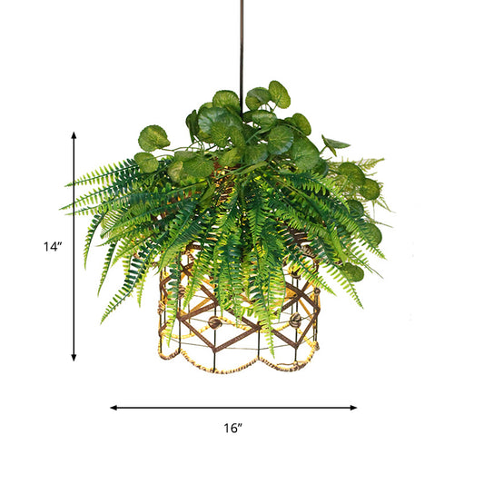 Retro Scalloped Cage Down Lighting 1 Light Iron Ceiling Suspension Lamp in Green with Plant Decoration Clearhalo 'Art Deco Pendants' 'Cast Iron' 'Ceiling Lights' 'Ceramic' 'Crystal' 'Industrial Pendants' 'Industrial' 'Metal' 'Middle Century Pendants' 'Pendant Lights' 'Pendants' 'Tiffany' Lighting' 737356