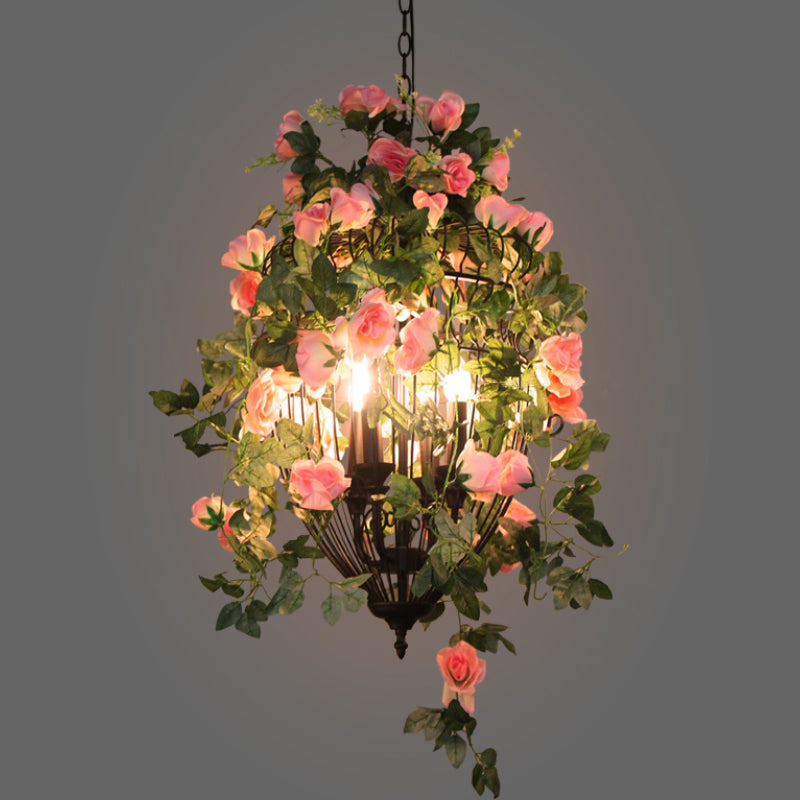 3 Heads Ceiling Chandelier Factory Restaurant Flower Pendant Lighting Fixture with Urn Wire Cage in Black Clearhalo 'Cast Iron' 'Ceiling Lights' 'Chandeliers' 'Industrial Chandeliers' 'Industrial' 'Metal' 'Middle Century Chandeliers' 'Rustic Chandeliers' 'Tiffany' Lighting' 737371