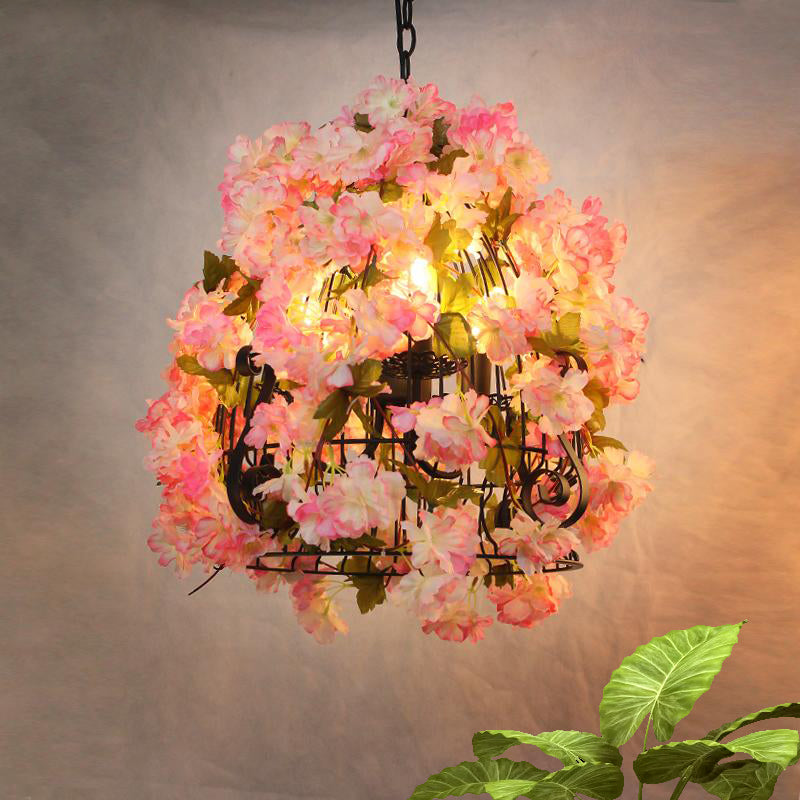 Pink Cherry Blossom Ceiling Chandelier Farmhouse Iron 3 Bulbs Restaurant Pendant Light with Bell Cage Pink Clearhalo 'Cast Iron' 'Ceiling Lights' 'Chandeliers' 'Industrial Chandeliers' 'Industrial' 'Metal' 'Middle Century Chandeliers' 'Rustic Chandeliers' 'Tiffany' Lighting' 737373