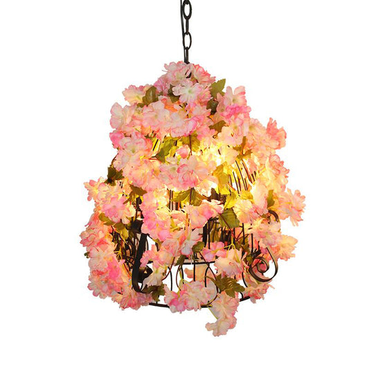 Pink Cherry Blossom Ceiling Chandelier Farmhouse Iron 3 Bulbs Restaurant Pendant Light with Bell Cage Clearhalo 'Cast Iron' 'Ceiling Lights' 'Chandeliers' 'Industrial Chandeliers' 'Industrial' 'Metal' 'Middle Century Chandeliers' 'Rustic Chandeliers' 'Tiffany' Lighting' 737374
