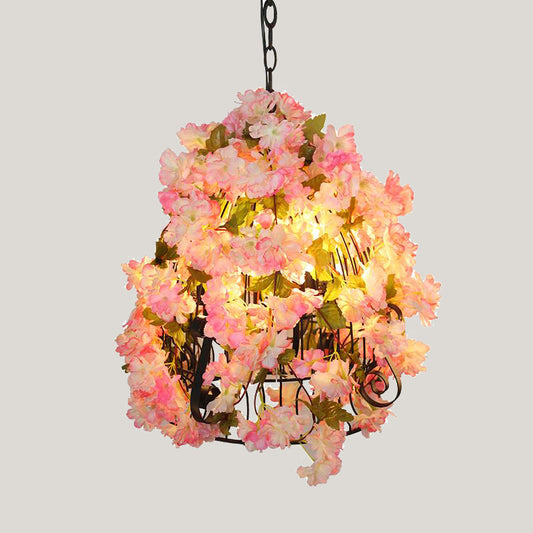 Pink Cherry Blossom Ceiling Chandelier Farmhouse Iron 3 Bulbs Restaurant Pendant Light with Bell Cage Clearhalo 'Cast Iron' 'Ceiling Lights' 'Chandeliers' 'Industrial Chandeliers' 'Industrial' 'Metal' 'Middle Century Chandeliers' 'Rustic Chandeliers' 'Tiffany' Lighting' 737375