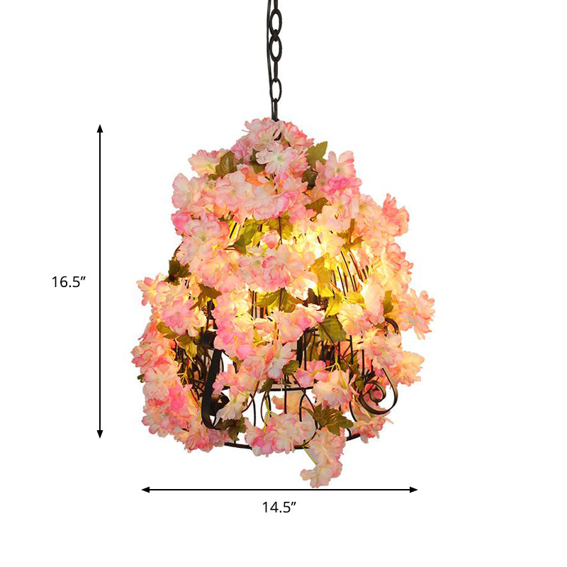 Pink Cherry Blossom Ceiling Chandelier Farmhouse Iron 3 Bulbs Restaurant Pendant Light with Bell Cage Clearhalo 'Cast Iron' 'Ceiling Lights' 'Chandeliers' 'Industrial Chandeliers' 'Industrial' 'Metal' 'Middle Century Chandeliers' 'Rustic Chandeliers' 'Tiffany' Lighting' 737376