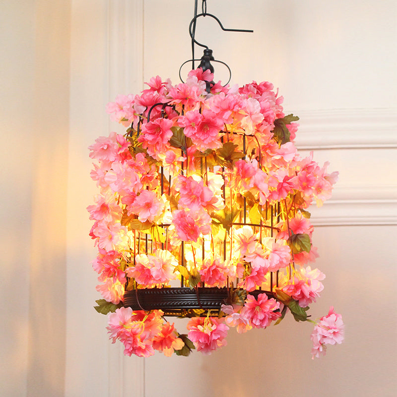 Birdcage Restaurant Chandelier Light Fixture Farm Iron 3 Heads Pink Flower Hanging Lamp Kit Pink Clearhalo 'Cast Iron' 'Ceiling Lights' 'Chandeliers' 'Industrial Chandeliers' 'Industrial' 'Metal' 'Middle Century Chandeliers' 'Rustic Chandeliers' 'Tiffany' Lighting' 737377