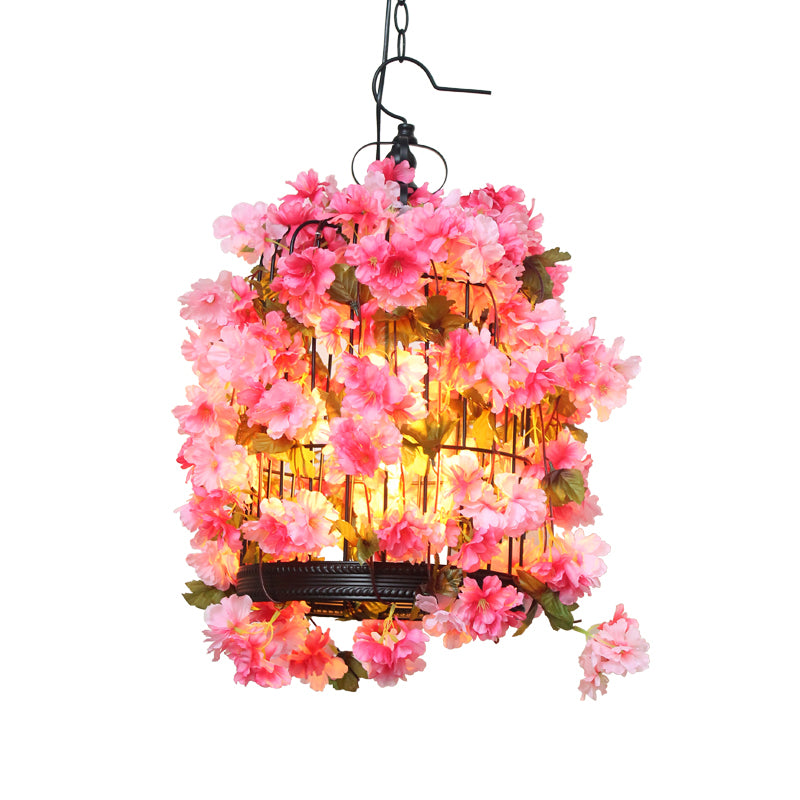 Birdcage Restaurant Chandelier Light Fixture Farm Iron 3 Heads Pink Flower Hanging Lamp Kit Clearhalo 'Cast Iron' 'Ceiling Lights' 'Chandeliers' 'Industrial Chandeliers' 'Industrial' 'Metal' 'Middle Century Chandeliers' 'Rustic Chandeliers' 'Tiffany' Lighting' 737379