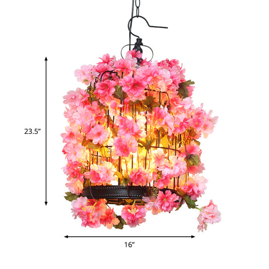 Birdcage Restaurant Chandelier Light Fixture Farm Iron 3 Heads Pink Flower Hanging Lamp Kit Clearhalo 'Cast Iron' 'Ceiling Lights' 'Chandeliers' 'Industrial Chandeliers' 'Industrial' 'Metal' 'Middle Century Chandeliers' 'Rustic Chandeliers' 'Tiffany' Lighting' 737380