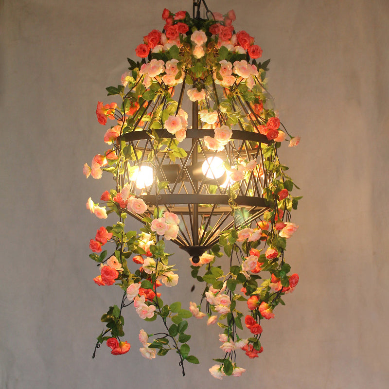 Trellis Cage Iron Hanging Chandelier Farm 3/4 Lights Restaurant Flower Suspension Lamp in Black Clearhalo 'Cast Iron' 'Ceiling Lights' 'Chandeliers' 'Industrial Chandeliers' 'Industrial' 'Metal' 'Middle Century Chandeliers' 'Rustic Chandeliers' 'Tiffany' Lighting' 737387