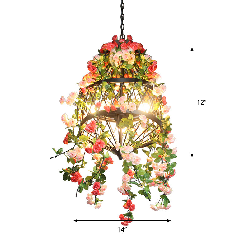 Trellis Cage Iron Hanging Chandelier Farm 3/4 Lights Restaurant Flower Suspension Lamp in Black Clearhalo 'Cast Iron' 'Ceiling Lights' 'Chandeliers' 'Industrial Chandeliers' 'Industrial' 'Metal' 'Middle Century Chandeliers' 'Rustic Chandeliers' 'Tiffany' Lighting' 737388