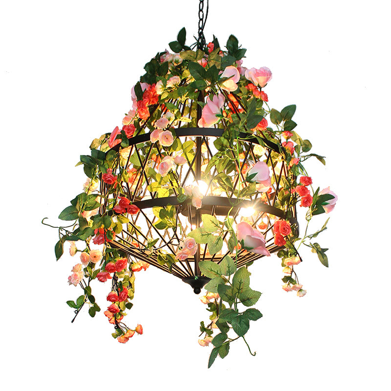 Trellis Cage Iron Hanging Chandelier Farm 3/4 Lights Restaurant Flower Suspension Lamp in Black Clearhalo 'Cast Iron' 'Ceiling Lights' 'Chandeliers' 'Industrial Chandeliers' 'Industrial' 'Metal' 'Middle Century Chandeliers' 'Rustic Chandeliers' 'Tiffany' Lighting' 737391