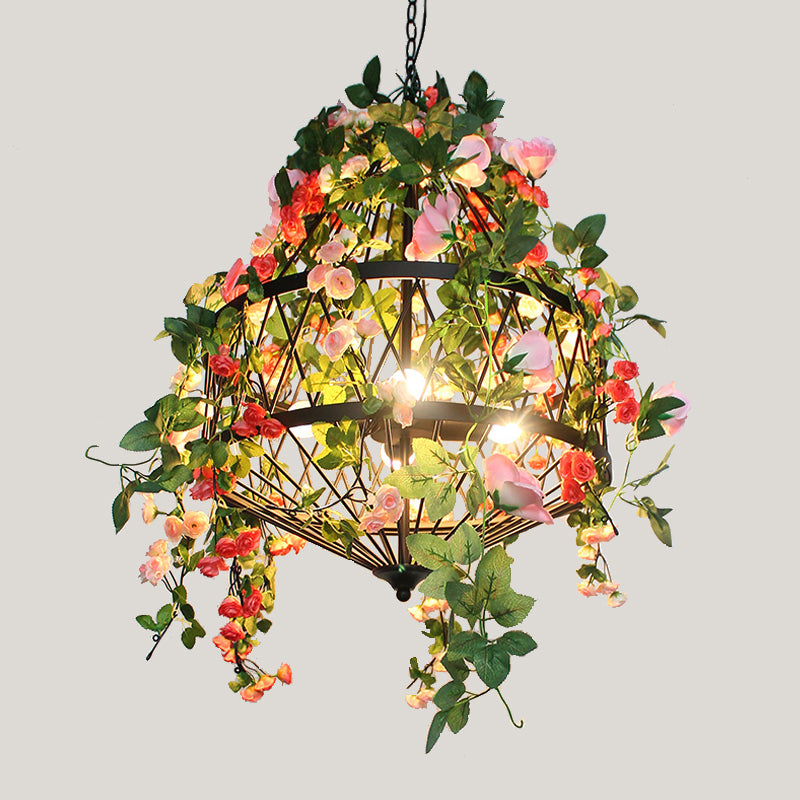 Trellis Cage Iron Hanging Chandelier Farm 3/4 Lights Restaurant Flower Suspension Lamp in Black Clearhalo 'Cast Iron' 'Ceiling Lights' 'Chandeliers' 'Industrial Chandeliers' 'Industrial' 'Metal' 'Middle Century Chandeliers' 'Rustic Chandeliers' 'Tiffany' Lighting' 737392