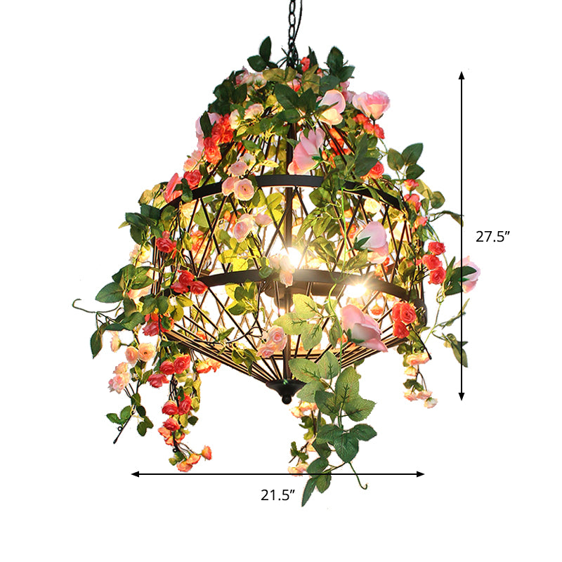Trellis Cage Iron Hanging Chandelier Farm 3/4 Lights Restaurant Flower Suspension Lamp in Black Clearhalo 'Cast Iron' 'Ceiling Lights' 'Chandeliers' 'Industrial Chandeliers' 'Industrial' 'Metal' 'Middle Century Chandeliers' 'Rustic Chandeliers' 'Tiffany' Lighting' 737393
