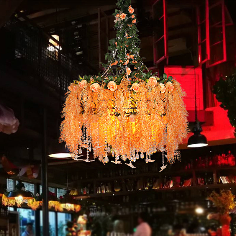 4-Bulb Round Cage Chandelier Light Warehouse Orange Metal Ceiling Pendant Lamp with Plant Decor Orange Clearhalo 'Cast Iron' 'Ceiling Lights' 'Chandeliers' 'Industrial Chandeliers' 'Industrial' 'Metal' 'Middle Century Chandeliers' 'Rustic Chandeliers' 'Tiffany' Lighting' 737398