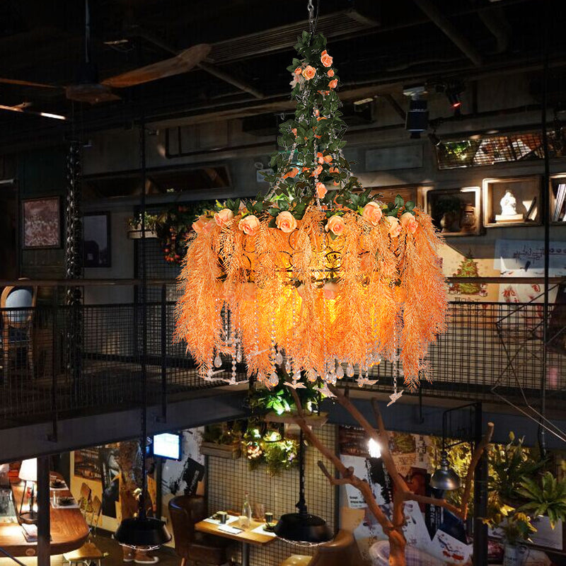 4-Bulb Round Cage Chandelier Light Warehouse Orange Metal Ceiling Pendant Lamp with Plant Decor Clearhalo 'Cast Iron' 'Ceiling Lights' 'Chandeliers' 'Industrial Chandeliers' 'Industrial' 'Metal' 'Middle Century Chandeliers' 'Rustic Chandeliers' 'Tiffany' Lighting' 737399