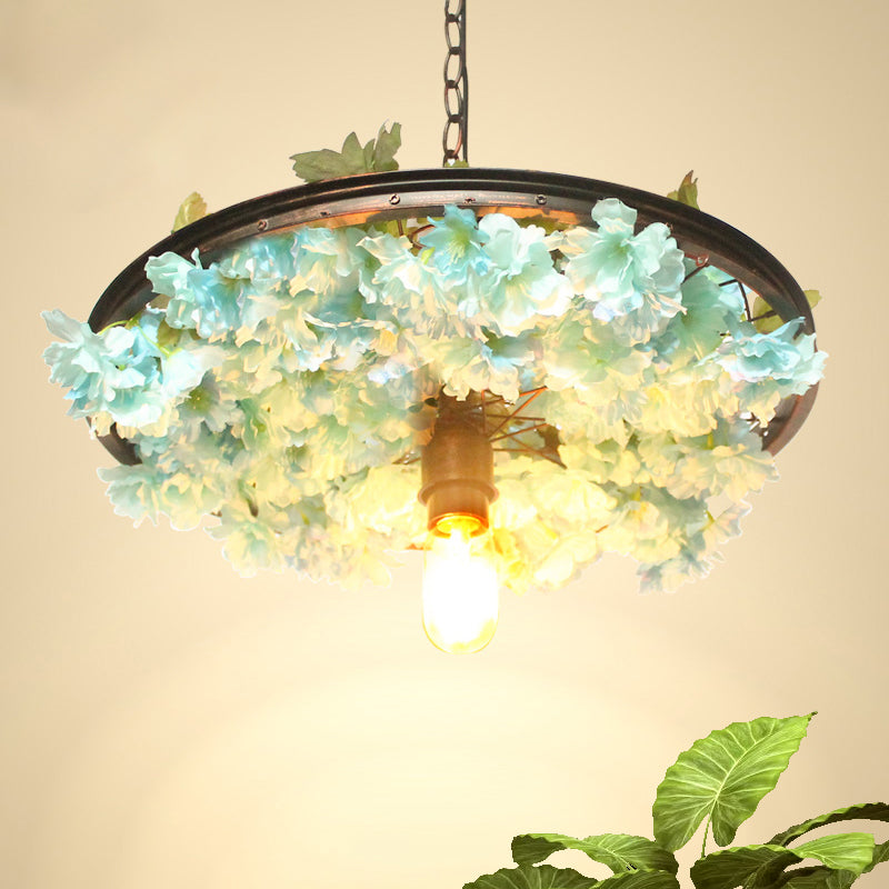 1 Head Iron Pendant Light Farmhouse Pink/Blue Flower Restaurant Hanging Lamp with Wagon Wheel Design, 8.5"/15"/19" Wide Blue Clearhalo 'Art Deco Pendants' 'Cast Iron' 'Ceiling Lights' 'Ceramic' 'Crystal' 'Industrial Pendants' 'Industrial' 'Metal' 'Middle Century Pendants' 'Pendant Lights' 'Pendants' 'Tiffany' Lighting' 737408