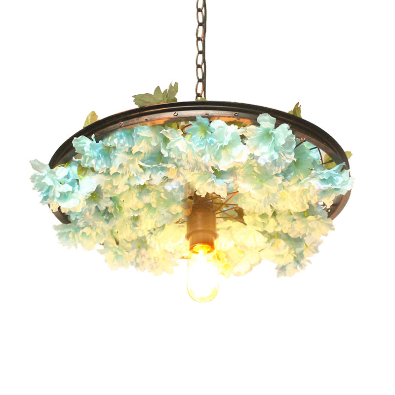 1 Head Iron Pendant Light Farmhouse Pink/Blue Flower Restaurant Hanging Lamp with Wagon Wheel Design, 8.5"/15"/19" Wide Clearhalo 'Art Deco Pendants' 'Cast Iron' 'Ceiling Lights' 'Ceramic' 'Crystal' 'Industrial Pendants' 'Industrial' 'Metal' 'Middle Century Pendants' 'Pendant Lights' 'Pendants' 'Tiffany' Lighting' 737410