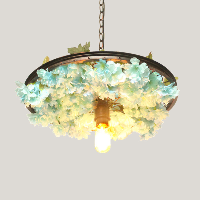1 Head Iron Pendant Light Farmhouse Pink/Blue Flower Restaurant Hanging Lamp with Wagon Wheel Design, 8.5"/15"/19" Wide Clearhalo 'Art Deco Pendants' 'Cast Iron' 'Ceiling Lights' 'Ceramic' 'Crystal' 'Industrial Pendants' 'Industrial' 'Metal' 'Middle Century Pendants' 'Pendant Lights' 'Pendants' 'Tiffany' Lighting' 737411