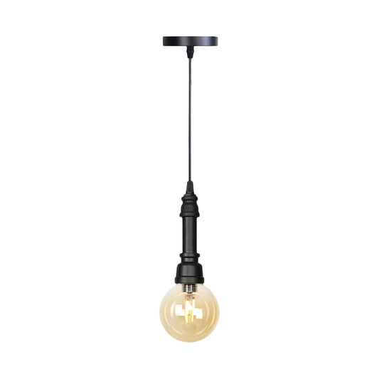 1 Light Ball/Capsule Suspension Light Industrial Black Finish Amber Glass Ceiling Pendant Pipe Lamp Clearhalo 'Ceiling Lights' 'Glass shade' 'Glass' 'Industrial Pendants' 'Industrial' 'Middle Century Pendants' 'Pendant Lights' 'Pendants' 'Tiffany' Lighting' 737454