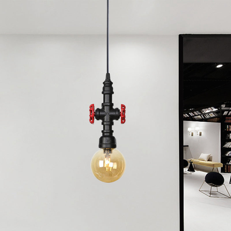 1 Light Ball/Capsule Suspension Light Industrial Black Finish Amber Glass Ceiling Pendant Pipe Lamp Clearhalo 'Ceiling Lights' 'Glass shade' 'Glass' 'Industrial Pendants' 'Industrial' 'Middle Century Pendants' 'Pendant Lights' 'Pendants' 'Tiffany' Lighting' 737458