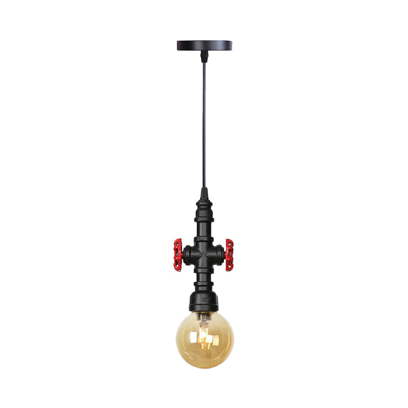 1 Light Ball/Capsule Suspension Light Industrial Black Finish Amber Glass Ceiling Pendant Pipe Lamp Clearhalo 'Ceiling Lights' 'Glass shade' 'Glass' 'Industrial Pendants' 'Industrial' 'Middle Century Pendants' 'Pendant Lights' 'Pendants' 'Tiffany' Lighting' 737459