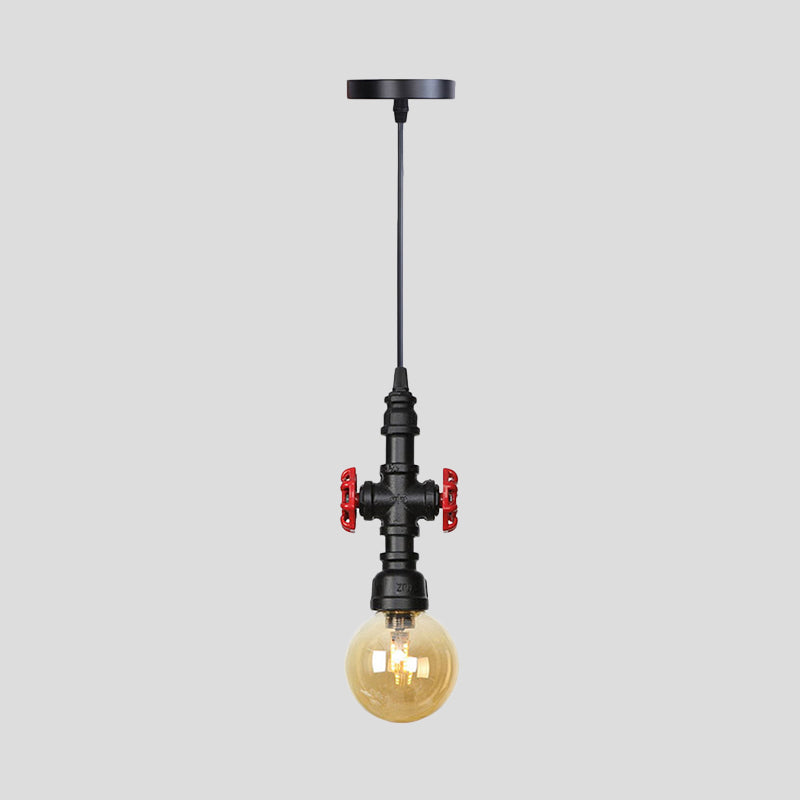 1 Light Ball/Capsule Suspension Light Industrial Black Finish Amber Glass Ceiling Pendant Pipe Lamp Clearhalo 'Ceiling Lights' 'Glass shade' 'Glass' 'Industrial Pendants' 'Industrial' 'Middle Century Pendants' 'Pendant Lights' 'Pendants' 'Tiffany' Lighting' 737460
