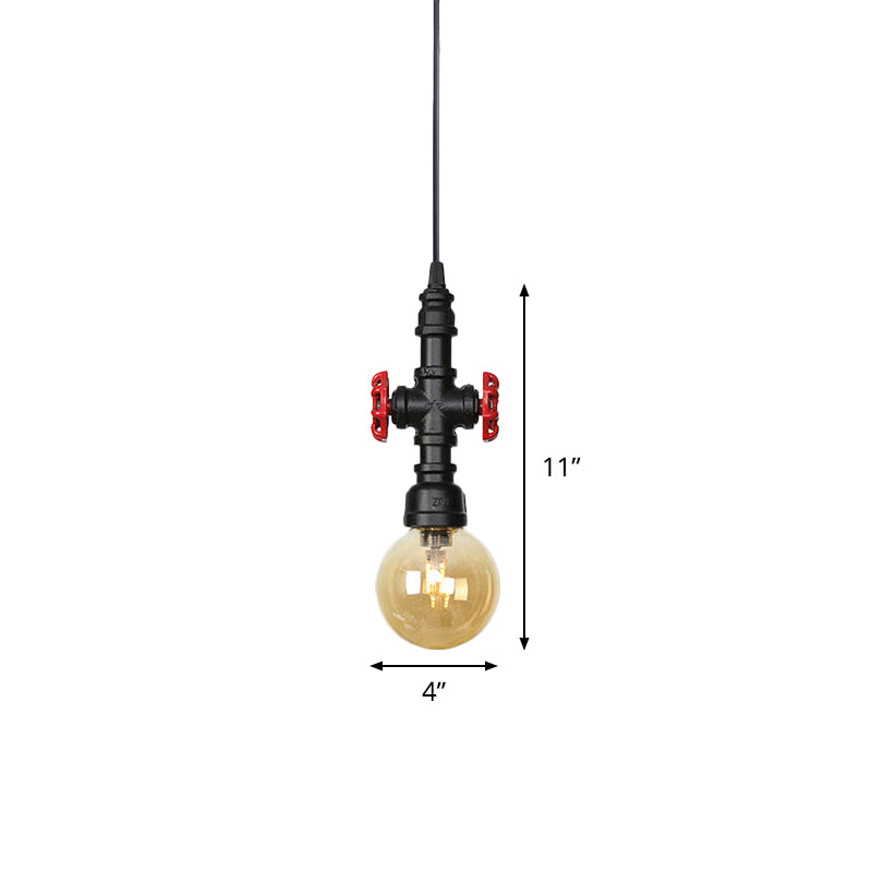 1 Light Ball/Capsule Suspension Light Industrial Black Finish Amber Glass Ceiling Pendant Pipe Lamp Clearhalo 'Ceiling Lights' 'Glass shade' 'Glass' 'Industrial Pendants' 'Industrial' 'Middle Century Pendants' 'Pendant Lights' 'Pendants' 'Tiffany' Lighting' 737461