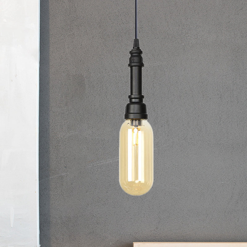 1 Light Ball/Capsule Suspension Light Industrial Black Finish Amber Glass Ceiling Pendant Pipe Lamp Black C Clearhalo 'Ceiling Lights' 'Glass shade' 'Glass' 'Industrial Pendants' 'Industrial' 'Middle Century Pendants' 'Pendant Lights' 'Pendants' 'Tiffany' Lighting' 737462