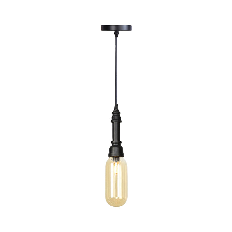 1 Light Ball/Capsule Suspension Light Industrial Black Finish Amber Glass Ceiling Pendant Pipe Lamp Clearhalo 'Ceiling Lights' 'Glass shade' 'Glass' 'Industrial Pendants' 'Industrial' 'Middle Century Pendants' 'Pendant Lights' 'Pendants' 'Tiffany' Lighting' 737464