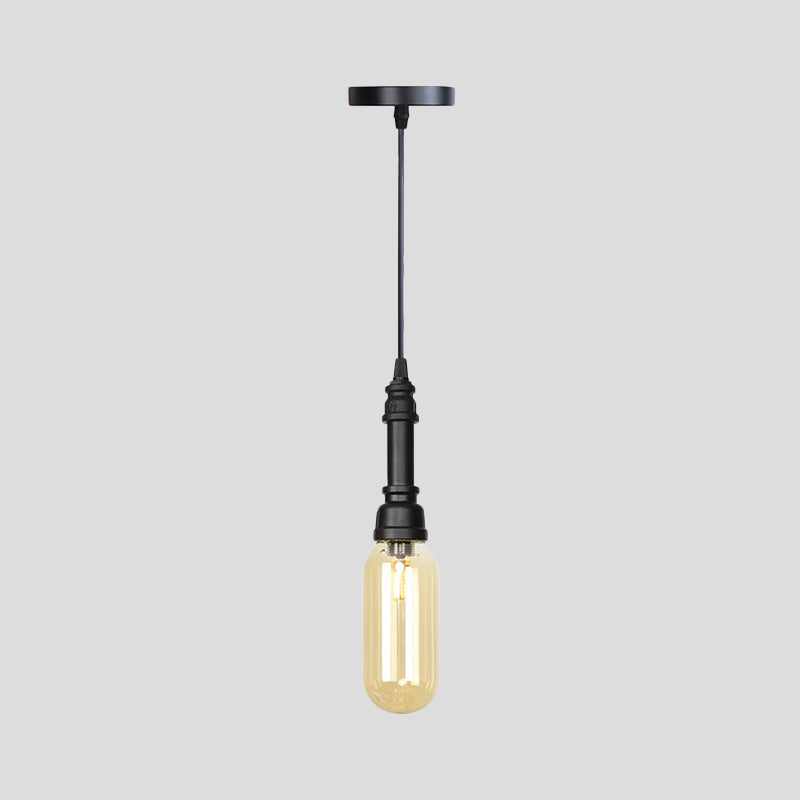 1 Light Ball/Capsule Suspension Light Industrial Black Finish Amber Glass Ceiling Pendant Pipe Lamp Clearhalo 'Ceiling Lights' 'Glass shade' 'Glass' 'Industrial Pendants' 'Industrial' 'Middle Century Pendants' 'Pendant Lights' 'Pendants' 'Tiffany' Lighting' 737465