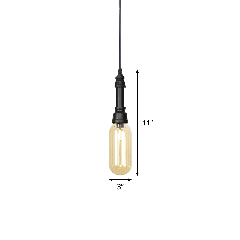 1 Light Ball/Capsule Suspension Light Industrial Black Finish Amber Glass Ceiling Pendant Pipe Lamp Clearhalo 'Ceiling Lights' 'Glass shade' 'Glass' 'Industrial Pendants' 'Industrial' 'Middle Century Pendants' 'Pendant Lights' 'Pendants' 'Tiffany' Lighting' 737466