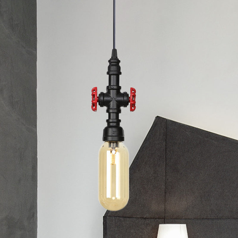 1 Light Ball/Capsule Suspension Light Industrial Black Finish Amber Glass Ceiling Pendant Pipe Lamp Black D Clearhalo 'Ceiling Lights' 'Glass shade' 'Glass' 'Industrial Pendants' 'Industrial' 'Middle Century Pendants' 'Pendant Lights' 'Pendants' 'Tiffany' Lighting' 737467