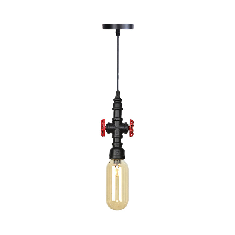 1 Light Ball/Capsule Suspension Light Industrial Black Finish Amber Glass Ceiling Pendant Pipe Lamp Clearhalo 'Ceiling Lights' 'Glass shade' 'Glass' 'Industrial Pendants' 'Industrial' 'Middle Century Pendants' 'Pendant Lights' 'Pendants' 'Tiffany' Lighting' 737469