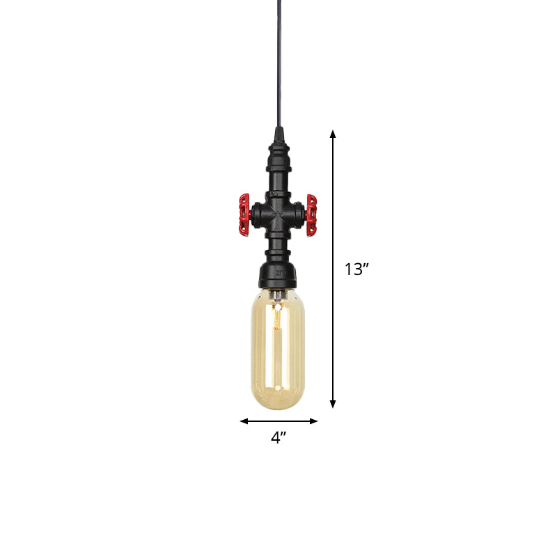 1 Light Ball/Capsule Suspension Light Industrial Black Finish Amber Glass Ceiling Pendant Pipe Lamp Clearhalo 'Ceiling Lights' 'Glass shade' 'Glass' 'Industrial Pendants' 'Industrial' 'Middle Century Pendants' 'Pendant Lights' 'Pendants' 'Tiffany' Lighting' 737471