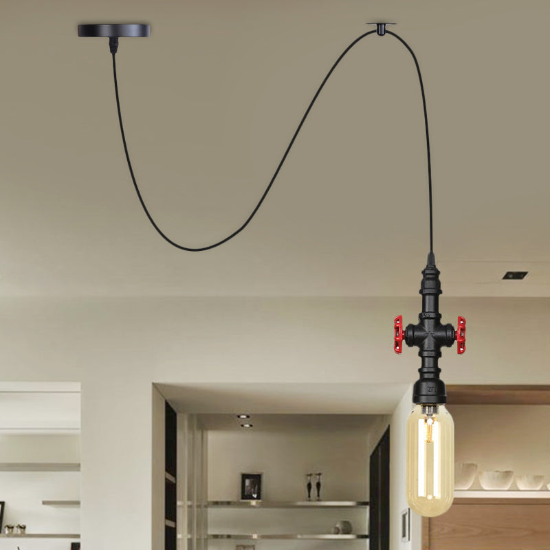 Sphere/Capsule Restaurant Swag Pendant Light Vintage Amber Glass 1-Head Black Pipe Hanging Lamp Fixture Black D Clearhalo 'Ceiling Lights' 'Chandeliers' 'Glass shade' 'Glass' 'Industrial Pendants' 'Industrial' 'Middle Century Pendants' 'Pendant Lights' 'Pendants' 'Tiffany' Lighting' 737486