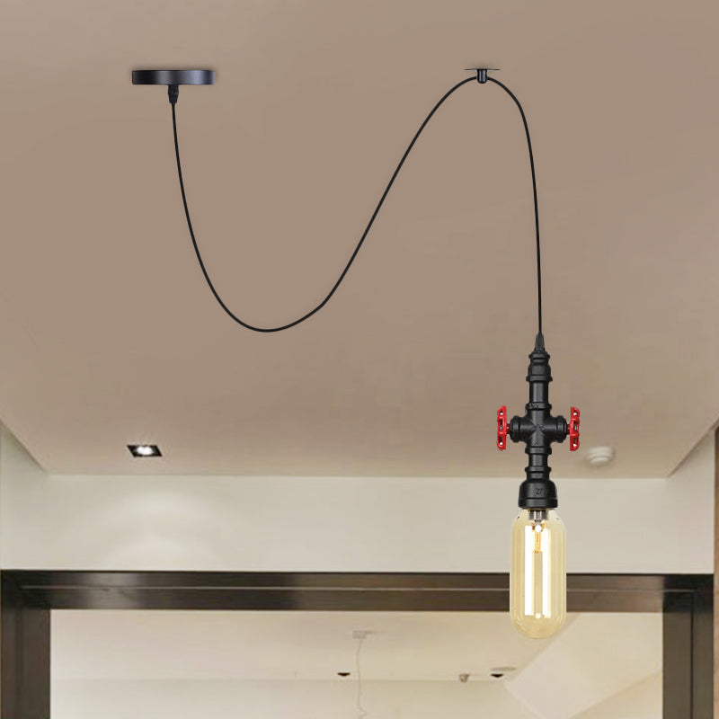 Sphere/Capsule Restaurant Swag Pendant Light Vintage Amber Glass 1-Head Black Pipe Hanging Lamp Fixture Clearhalo 'Ceiling Lights' 'Chandeliers' 'Glass shade' 'Glass' 'Industrial Pendants' 'Industrial' 'Middle Century Pendants' 'Pendant Lights' 'Pendants' 'Tiffany' Lighting' 737487