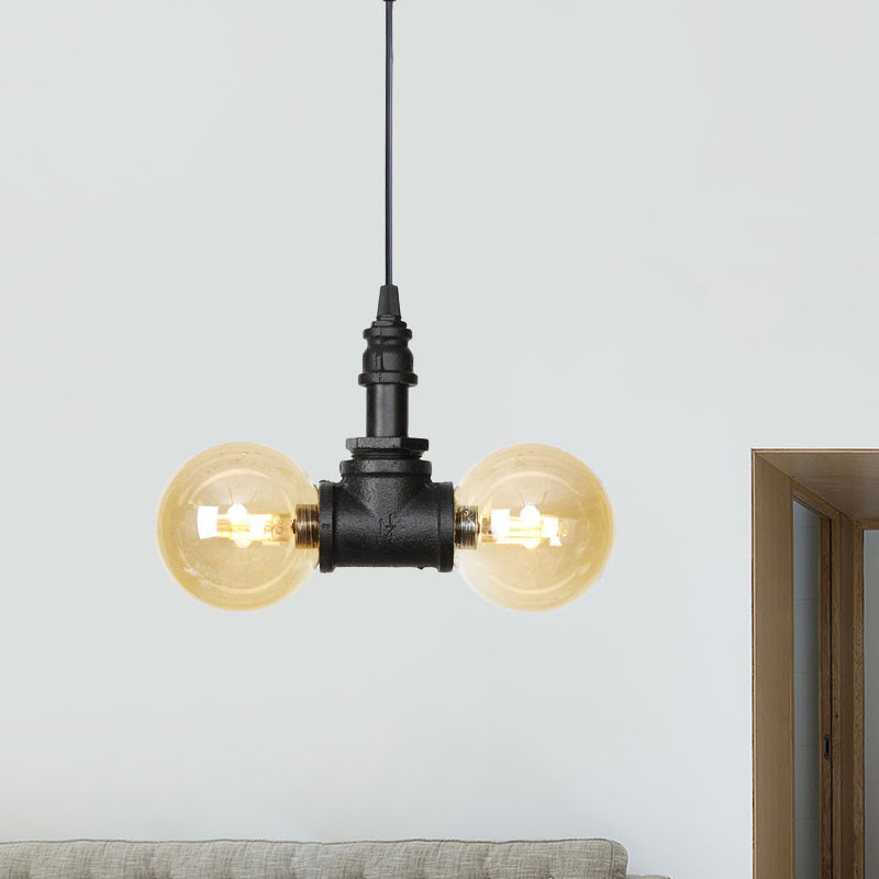 2 Bulbs Ceiling Chandelier Industrial Coffee House Suspension Lamp with Globe/Capsule Amber Glass Shade in Black Black A Clearhalo 'Ceiling Lights' 'Chandeliers' 'Glass shade' 'Glass' 'Industrial Chandeliers' 'Industrial' 'Middle Century Chandeliers' 'Tiffany' Lighting' 737491