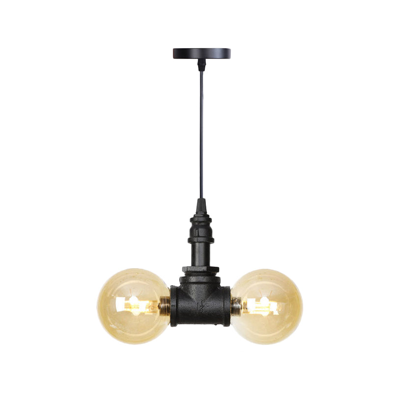 2 Bulbs Ceiling Chandelier Industrial Coffee House Suspension Lamp with Globe/Capsule Amber Glass Shade in Black Clearhalo 'Ceiling Lights' 'Chandeliers' 'Glass shade' 'Glass' 'Industrial Chandeliers' 'Industrial' 'Middle Century Chandeliers' 'Tiffany' Lighting' 737492