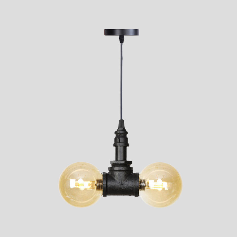 2 Bulbs Ceiling Chandelier Industrial Coffee House Suspension Lamp with Globe/Capsule Amber Glass Shade in Black Clearhalo 'Ceiling Lights' 'Chandeliers' 'Glass shade' 'Glass' 'Industrial Chandeliers' 'Industrial' 'Middle Century Chandeliers' 'Tiffany' Lighting' 737493