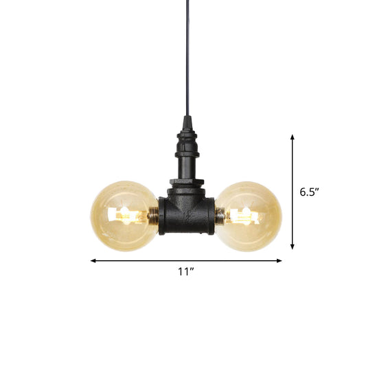 2 Bulbs Ceiling Chandelier Industrial Coffee House Suspension Lamp with Globe/Capsule Amber Glass Shade in Black Clearhalo 'Ceiling Lights' 'Chandeliers' 'Glass shade' 'Glass' 'Industrial Chandeliers' 'Industrial' 'Middle Century Chandeliers' 'Tiffany' Lighting' 737494