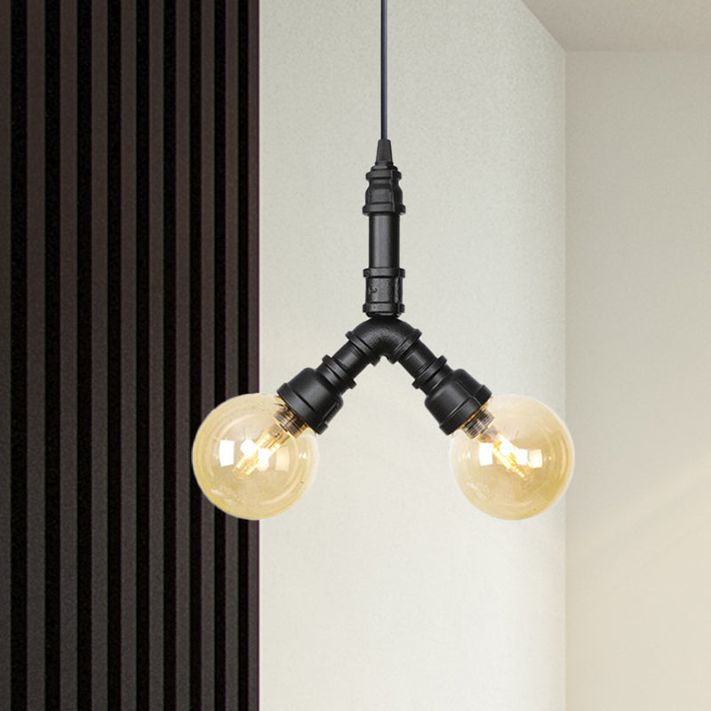 2 Bulbs Ceiling Chandelier Industrial Coffee House Suspension Lamp with Globe/Capsule Amber Glass Shade in Black Black B Clearhalo 'Ceiling Lights' 'Chandeliers' 'Glass shade' 'Glass' 'Industrial Chandeliers' 'Industrial' 'Middle Century Chandeliers' 'Tiffany' Lighting' 737495