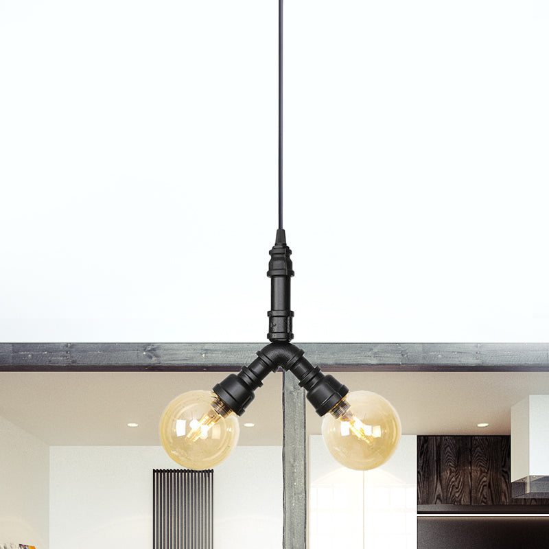 2 Bulbs Ceiling Chandelier Industrial Coffee House Suspension Lamp with Globe/Capsule Amber Glass Shade in Black Clearhalo 'Ceiling Lights' 'Chandeliers' 'Glass shade' 'Glass' 'Industrial Chandeliers' 'Industrial' 'Middle Century Chandeliers' 'Tiffany' Lighting' 737496