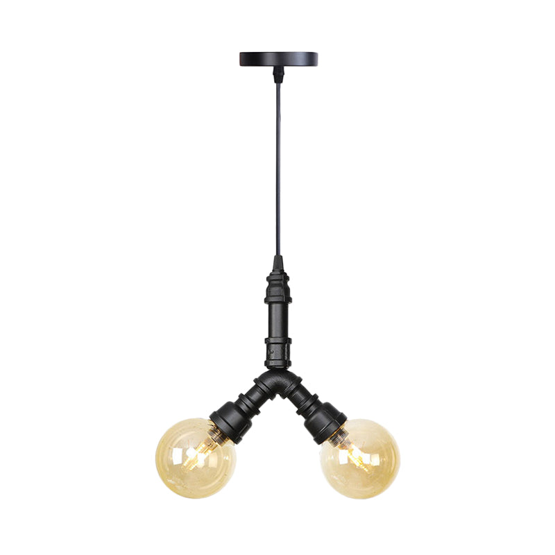 2 Bulbs Ceiling Chandelier Industrial Coffee House Suspension Lamp with Globe/Capsule Amber Glass Shade in Black Clearhalo 'Ceiling Lights' 'Chandeliers' 'Glass shade' 'Glass' 'Industrial Chandeliers' 'Industrial' 'Middle Century Chandeliers' 'Tiffany' Lighting' 737497