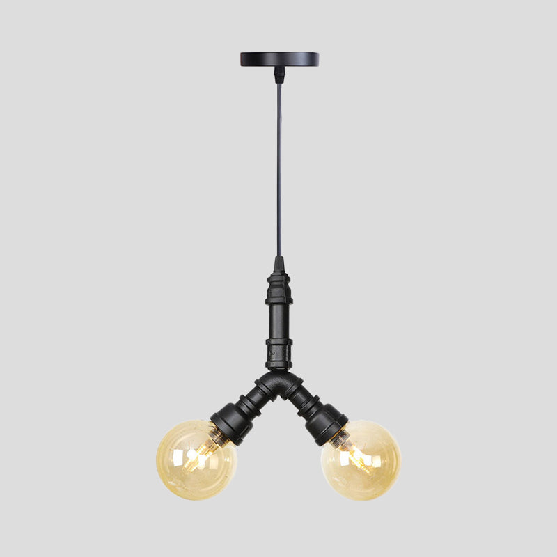 2 Bulbs Ceiling Chandelier Industrial Coffee House Suspension Lamp with Globe/Capsule Amber Glass Shade in Black Clearhalo 'Ceiling Lights' 'Chandeliers' 'Glass shade' 'Glass' 'Industrial Chandeliers' 'Industrial' 'Middle Century Chandeliers' 'Tiffany' Lighting' 737498