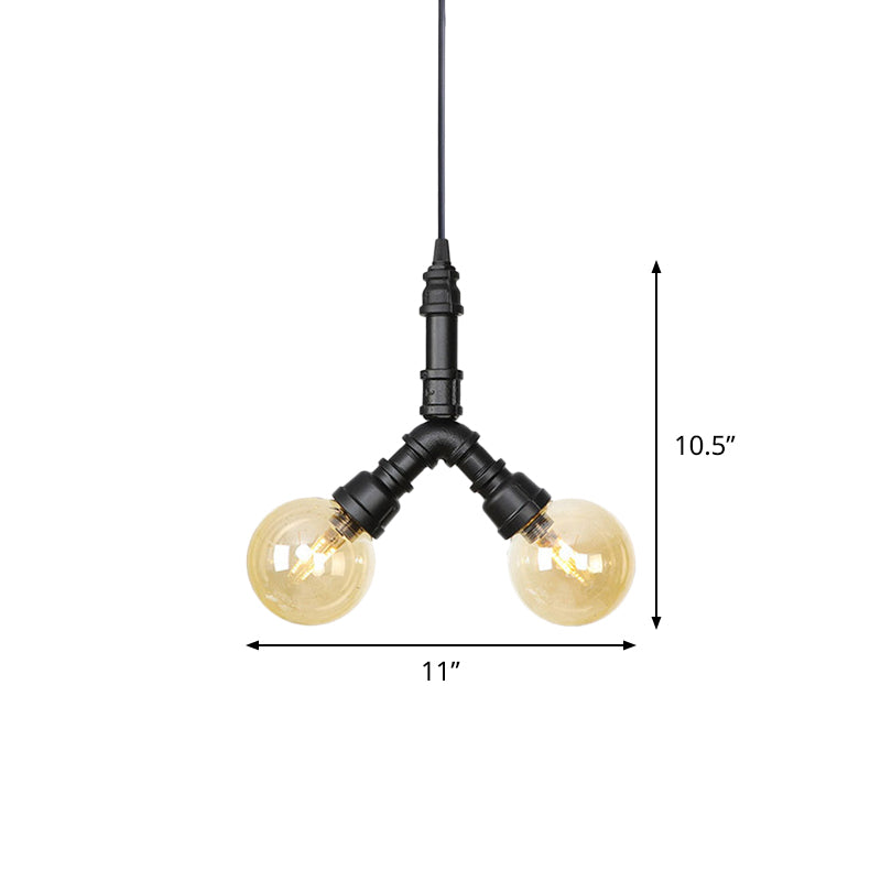 2 Bulbs Ceiling Chandelier Industrial Coffee House Suspension Lamp with Globe/Capsule Amber Glass Shade in Black Clearhalo 'Ceiling Lights' 'Chandeliers' 'Glass shade' 'Glass' 'Industrial Chandeliers' 'Industrial' 'Middle Century Chandeliers' 'Tiffany' Lighting' 737499