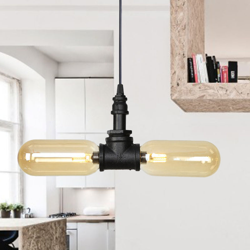 2 Bulbs Ceiling Chandelier Industrial Coffee House Suspension Lamp with Globe/Capsule Amber Glass Shade in Black Black C Clearhalo 'Ceiling Lights' 'Chandeliers' 'Glass shade' 'Glass' 'Industrial Chandeliers' 'Industrial' 'Middle Century Chandeliers' 'Tiffany' Lighting' 737500