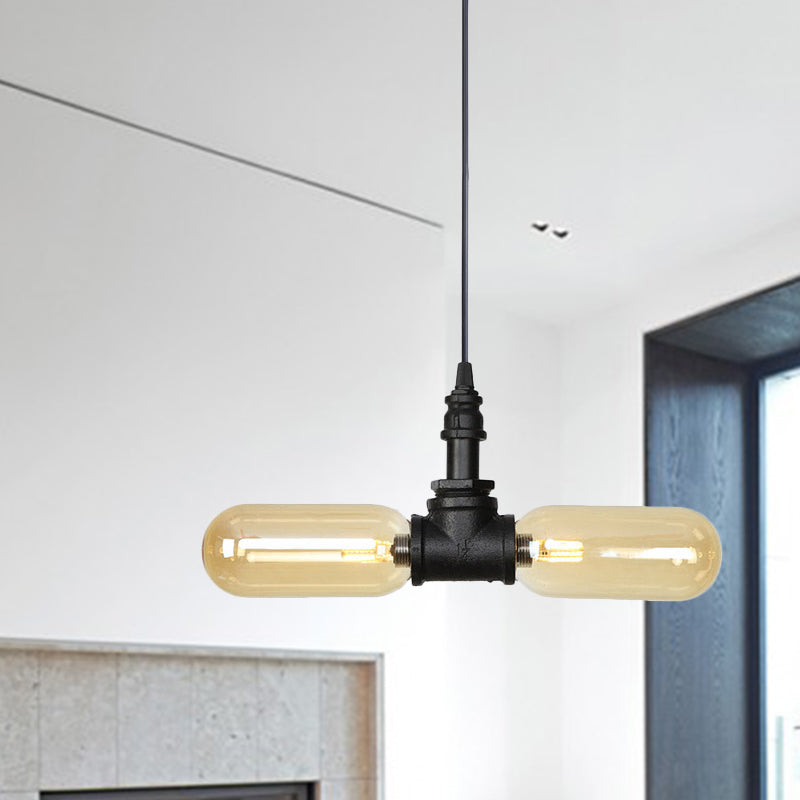 2 Bulbs Ceiling Chandelier Industrial Coffee House Suspension Lamp with Globe/Capsule Amber Glass Shade in Black Clearhalo 'Ceiling Lights' 'Chandeliers' 'Glass shade' 'Glass' 'Industrial Chandeliers' 'Industrial' 'Middle Century Chandeliers' 'Tiffany' Lighting' 737501